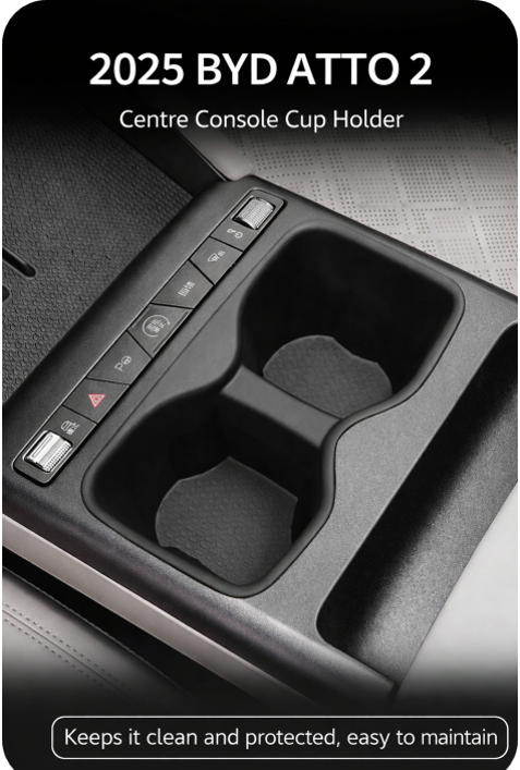 2025 BYD ATTO 2 centre console cup holder with non-slip insert, easy-clean liner that keeps the cup tray clean and protected for everyday driving.