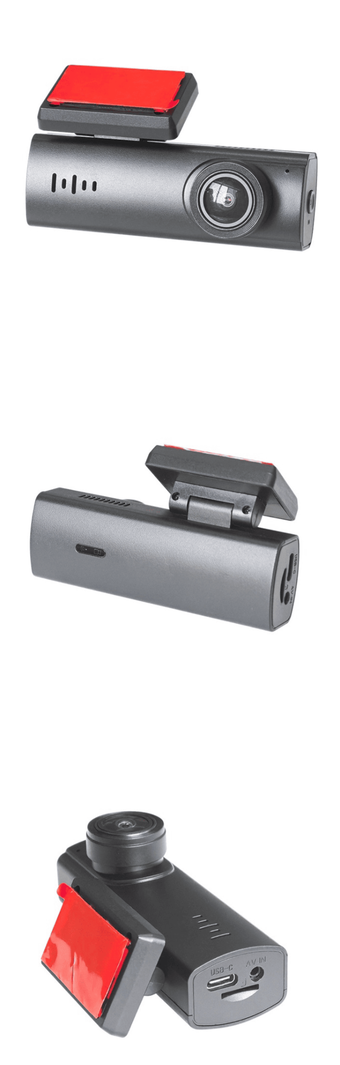 Multiple angles of the A207 dash cam showing compact body, lens position, and mount structure.
