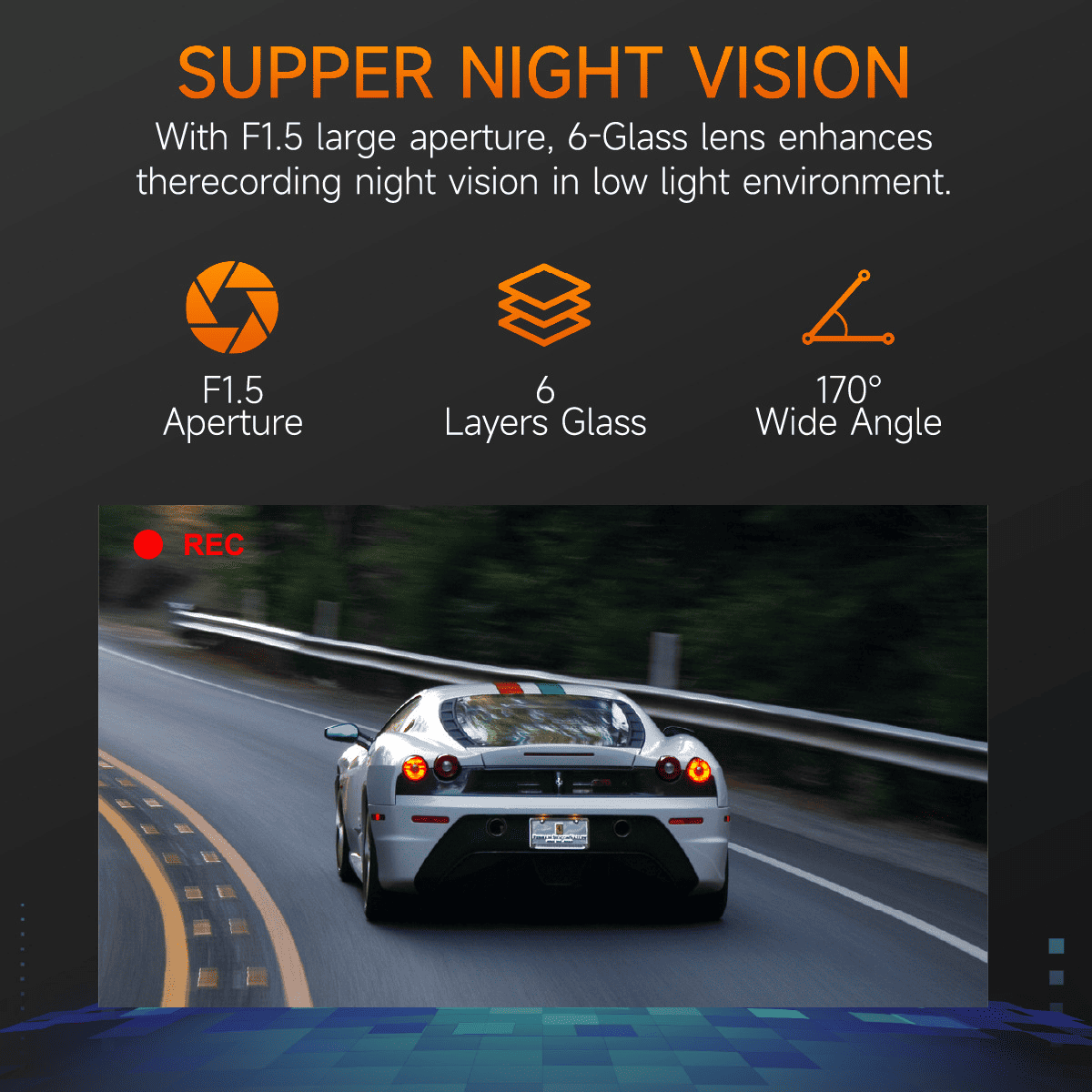A207 dash cam night vision feature with F1.5 large aperture, 6-layer lens, and 170-degree wide-angle view for enhanced low-light recording.