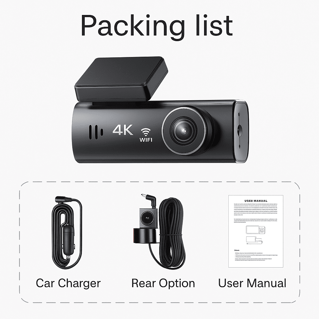Packing list of A207 Dash Cam including front dash cam, car charger, optional rear camera, and user manual.