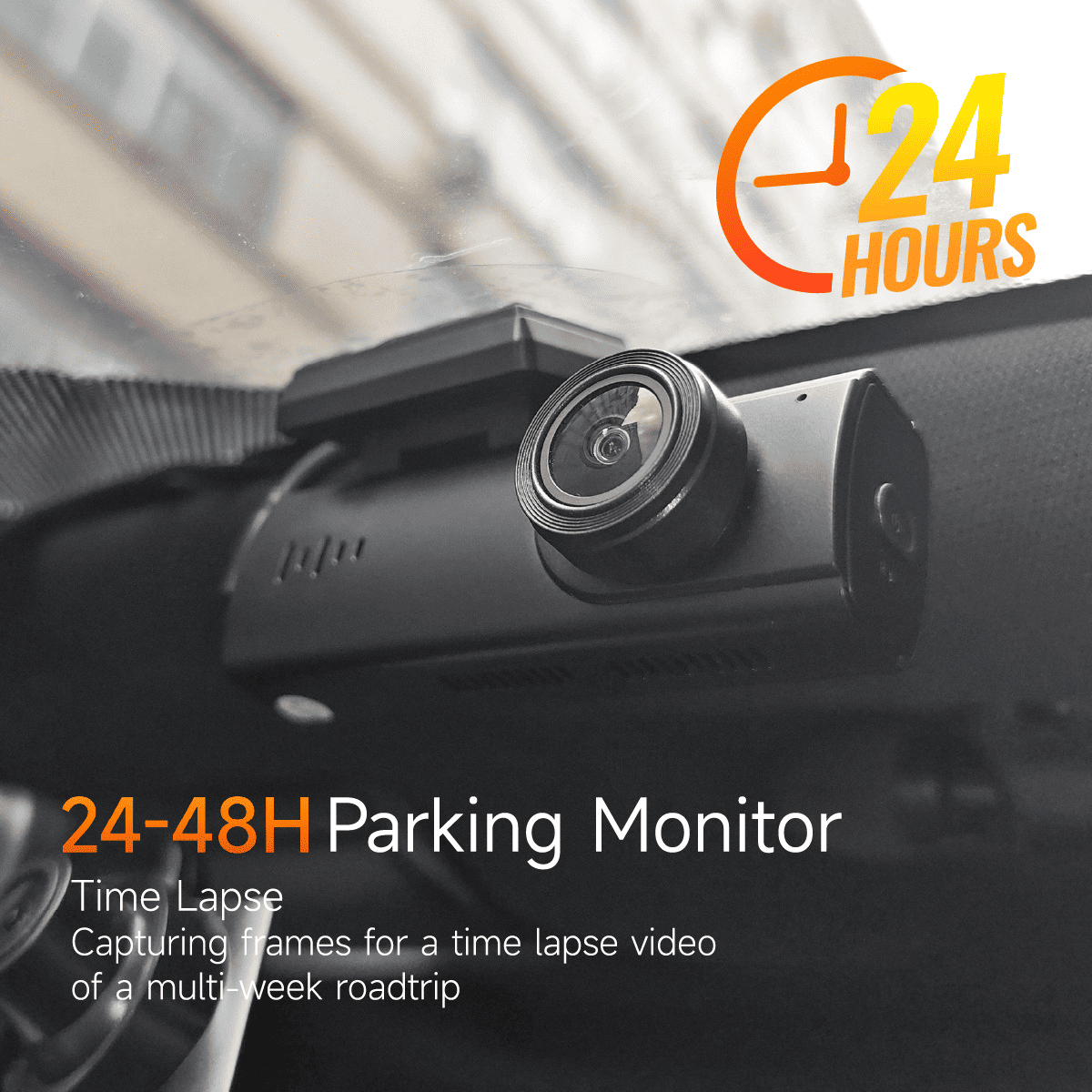 A207 dash cam installed on windshield, showcasing 24–48 hour parking monitoring with time-lapse capture feature.