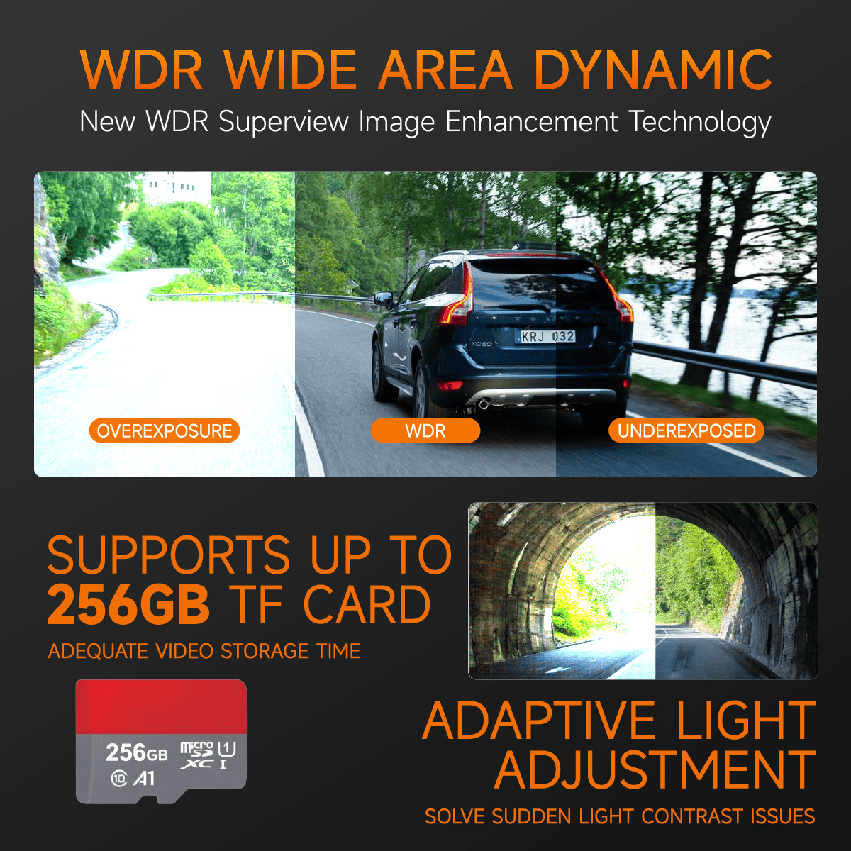 A207 dash cam image showing WDR wide dynamic range, adaptive light adjustment, and support for 256GB TF card storage.