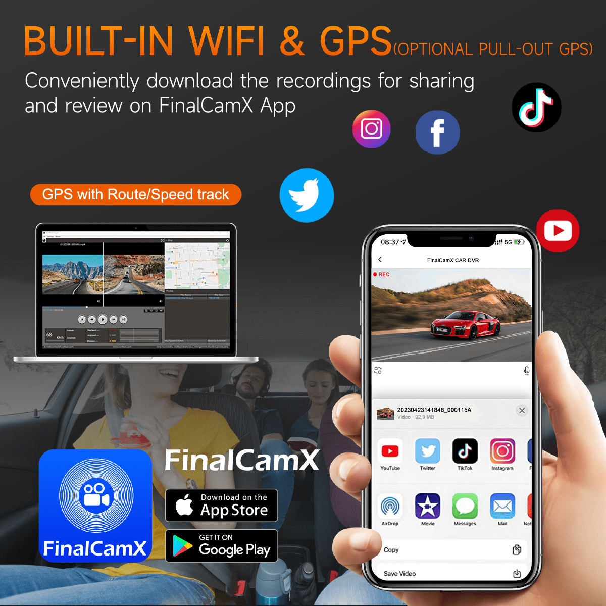 A207 dash cam WiFi and GPS features, showing smartphone app FinalCamX interface and social media sharing options.