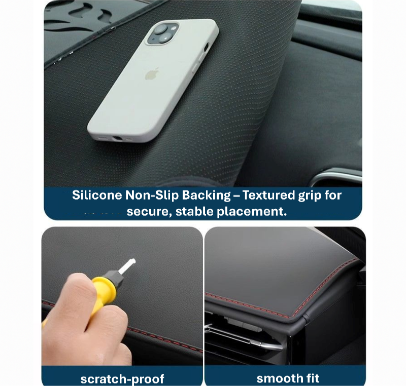 Detail shots of BYD Dolphin 2025 dashboard sunshade mat featuring silicone non-slip backing for stable grip, scratch-proof surface, and smooth edge fit for a seamless interior look.