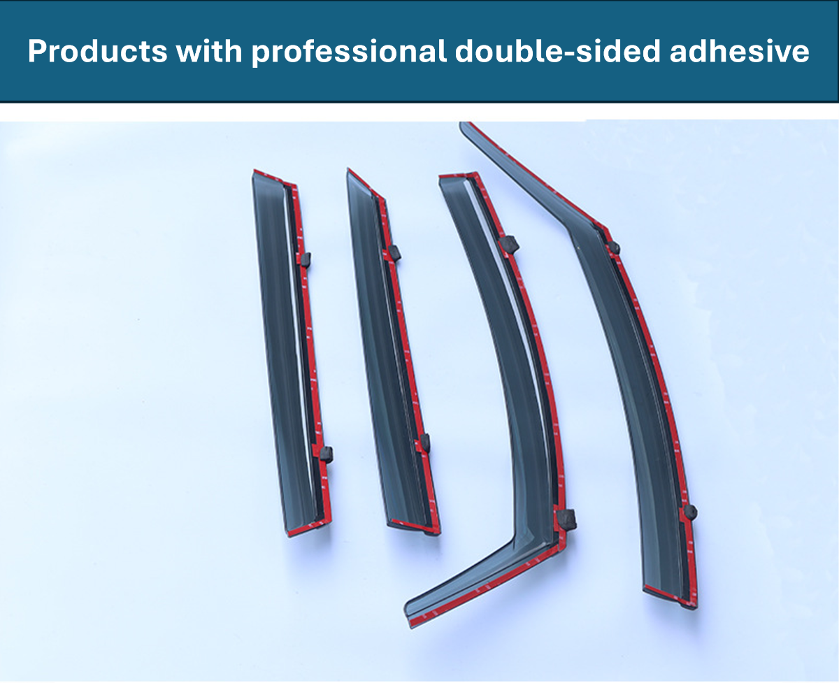 Close-up of BYD Dolphin rain guards window visors featuring red double-sided adhesive tape for secure installation