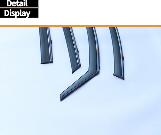 Close-up detail view of BYD Dolphin rain guards window visors made of acrylic, showing curved aerodynamic shape and smooth finish