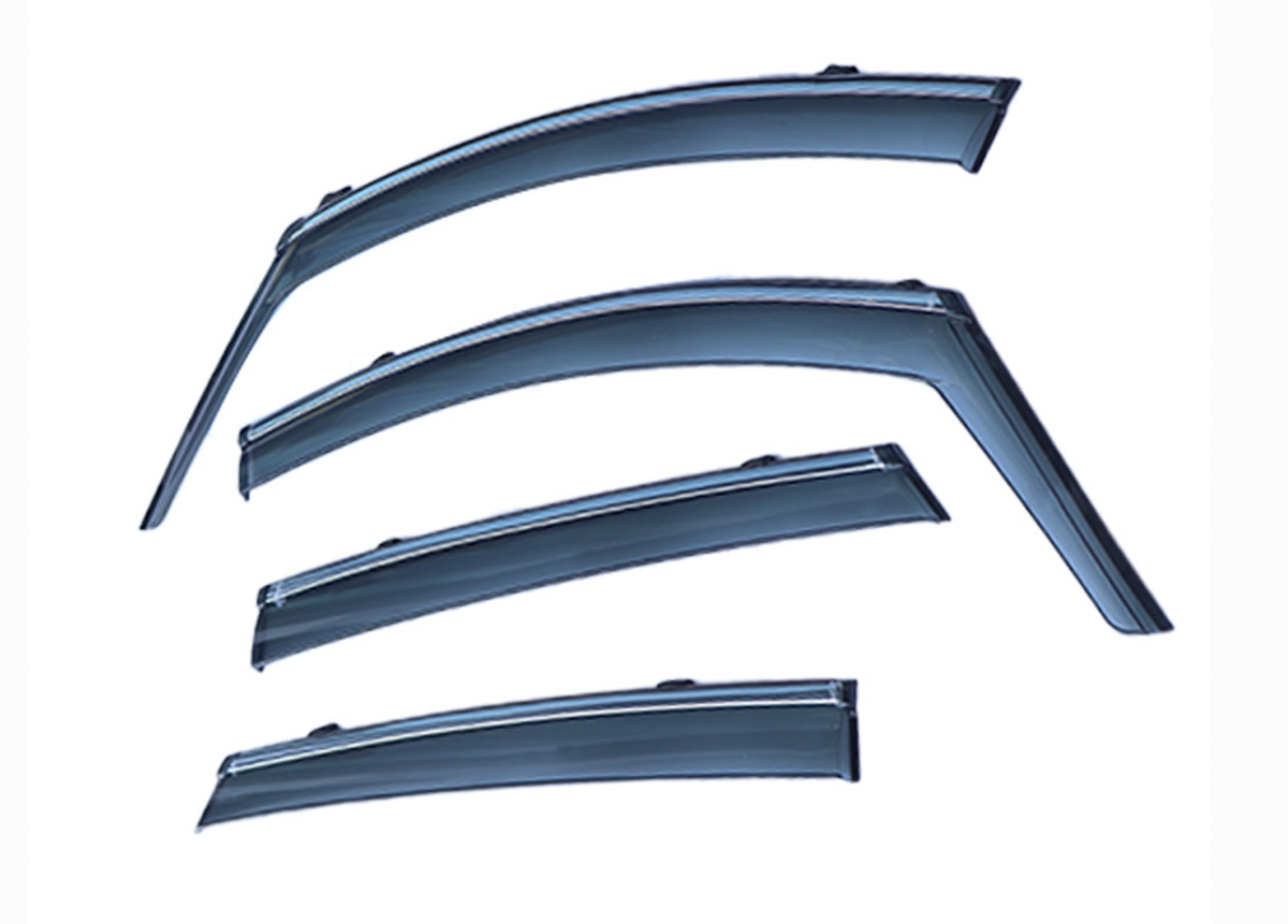 BYD Dolphin rain guards window visors set of four pieces designed for sun and rain protection, displayed on white background