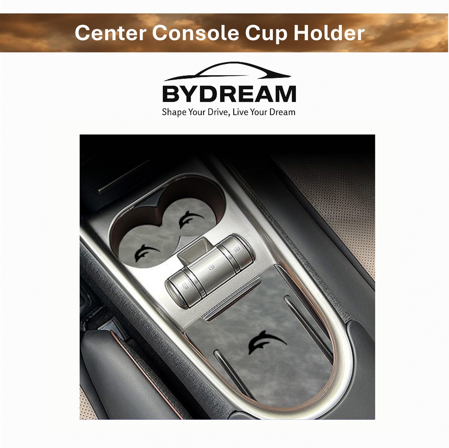 Close-up of BYD Dolphin center console showing custom-fit silicone cup holder mat with dolphin logo, waterproof and dustproof for clean car interior.