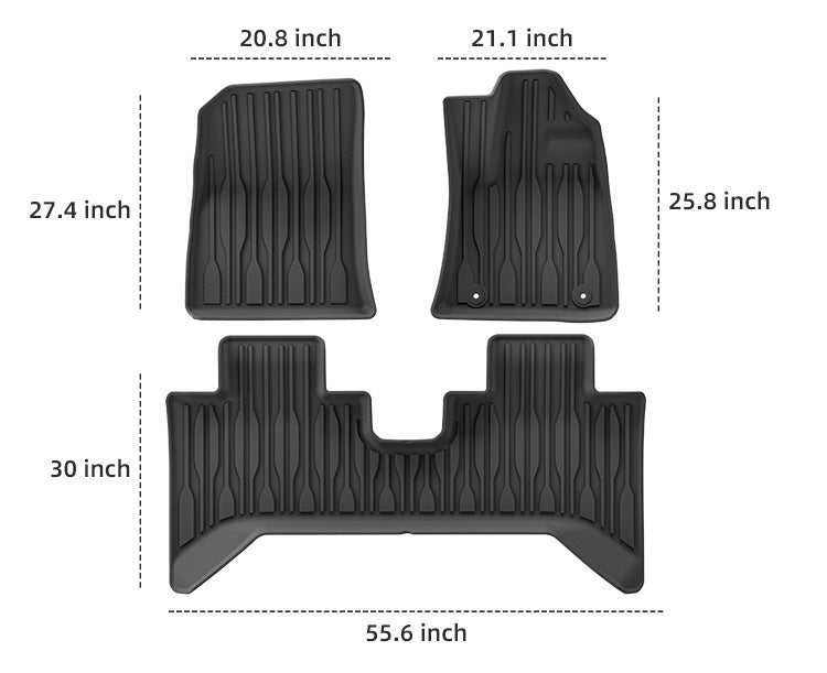 BYD Shark 6 custom floor mat set 2024-2025 with exact dimensions in inches, front and rear TPE mats, waterproof and durable all-weather protection