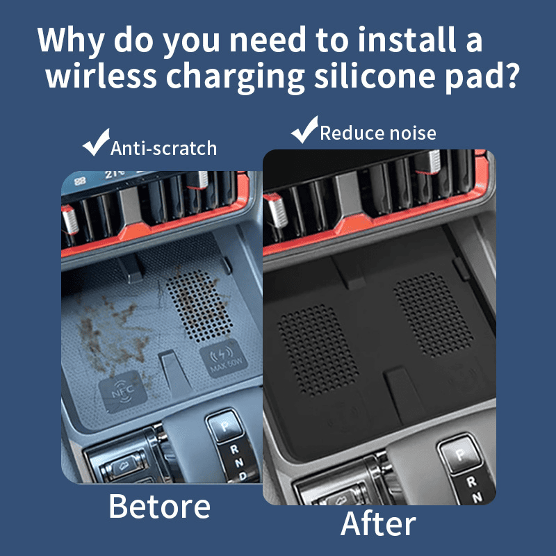 Before and after comparison of BYD Shark 6 wireless charging pad: improved cleanliness and reduced noise with silicone mat