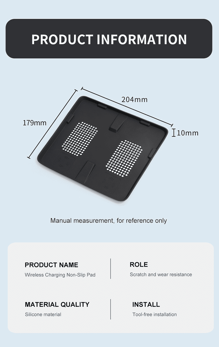 Detailed dimensions and specifications of BYD Shark 6 wireless charging silicone pad – size 204x179x10mm, non-slip silicone material