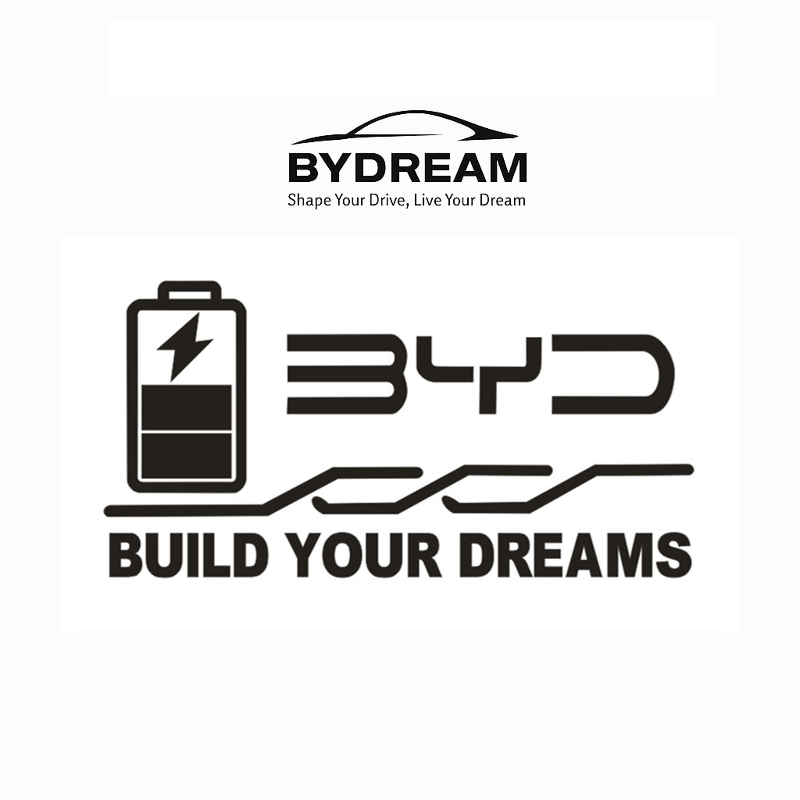 Black and white BYD charging port decal sticker with battery icon and Build Your Dreams slogan, waterproof accessory for BYD electric vehicles