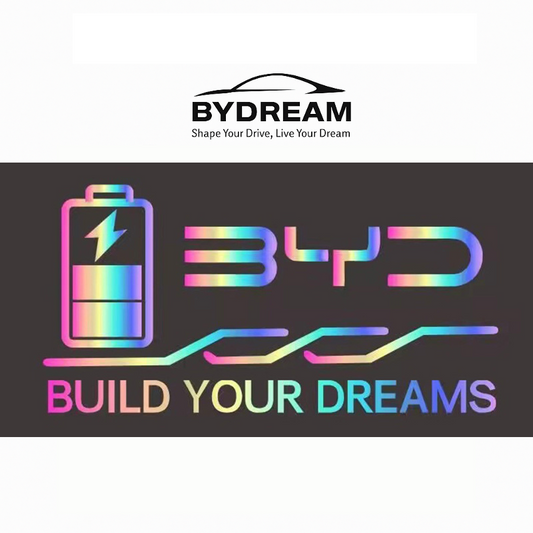 Rainbow BYD Build Your Dreams decal sticker with battery icon for EV charging port, stylish waterproof accessory for BYD vehicles