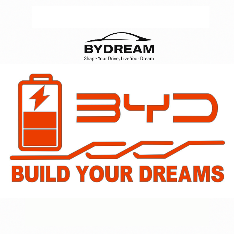 Red BYD charging port decal sticker with battery icon and Build Your Dreams text, waterproof vinyl accessory for electric vehicles