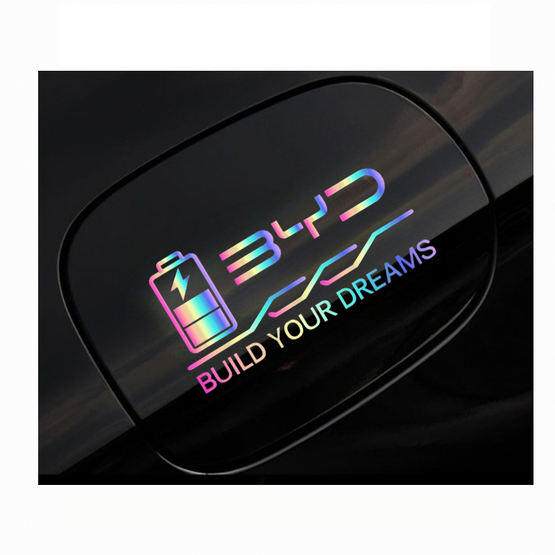 Reflective holographic BYD Build Your Dreams decal applied to black EV charging port cover