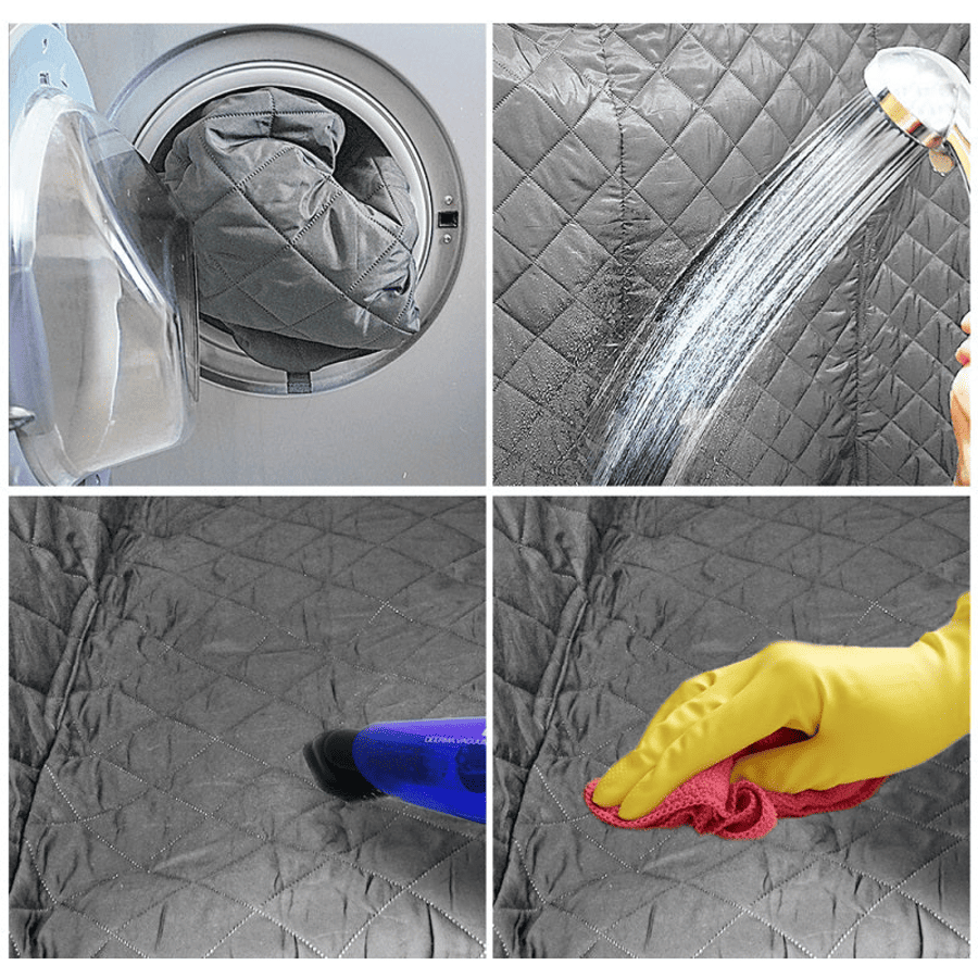 Easy-to-clean BYD dog car seat cover shown with washing machine, waterproof rinse, vacuum, and wipe-clean maintenance steps.