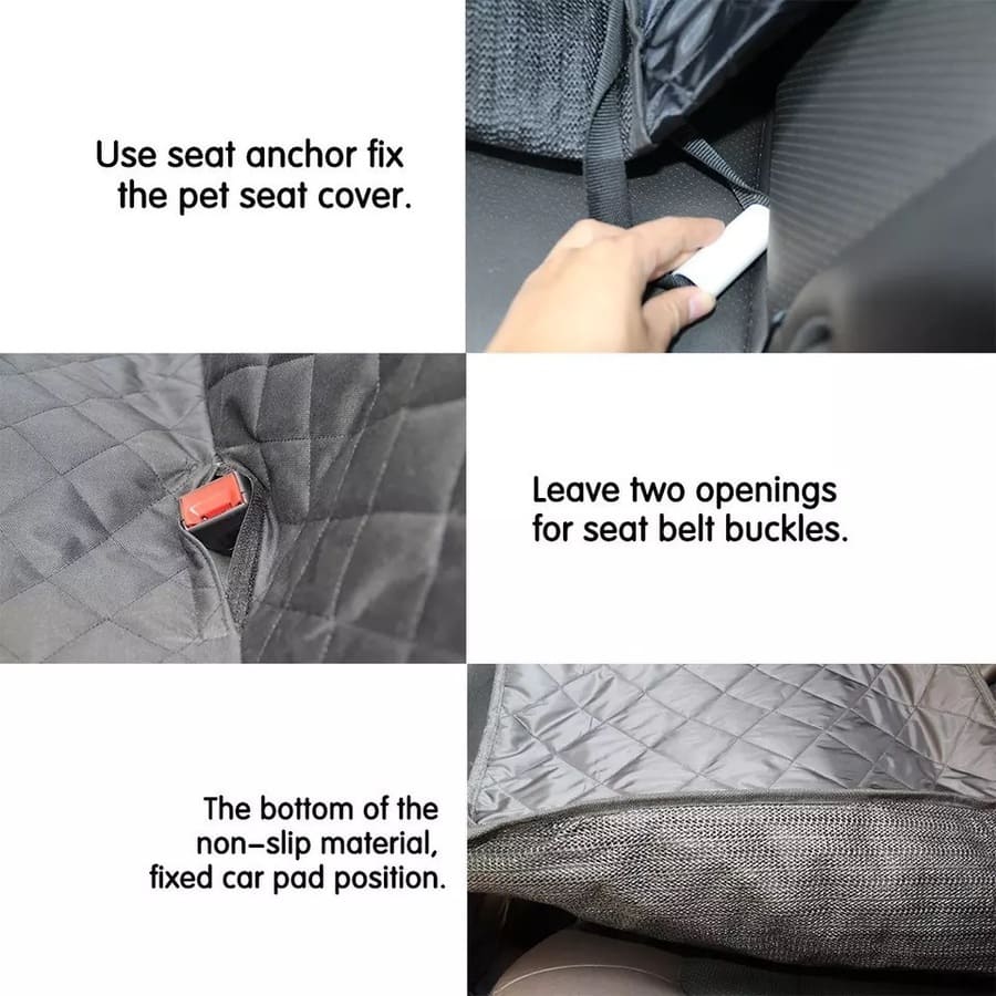Close-up of BYD dog car seat cover installation showing seat belt openings, anchor straps, and non-slip bottom for secure and stable fit.