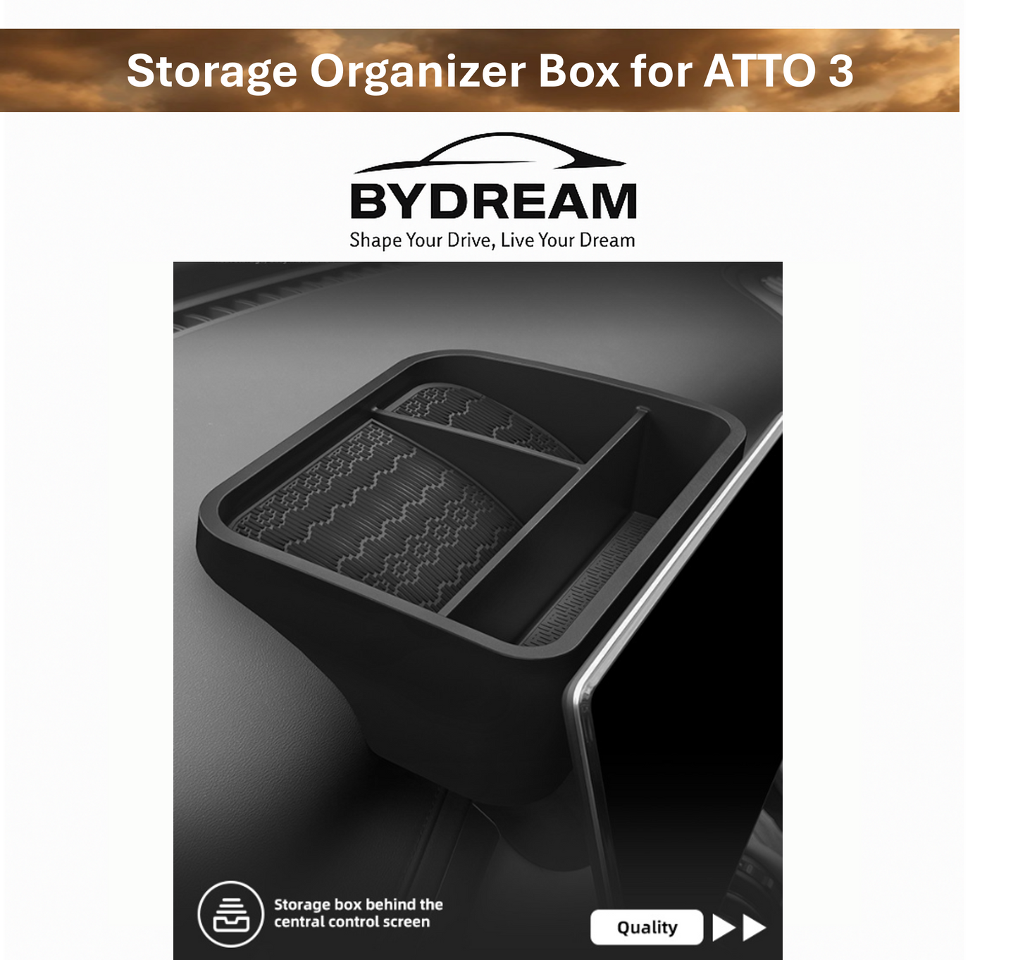 Hidden storage organizer box for BYD ATTO 3 behind touchscreen, black ABS tray with compartments, car interior accessory