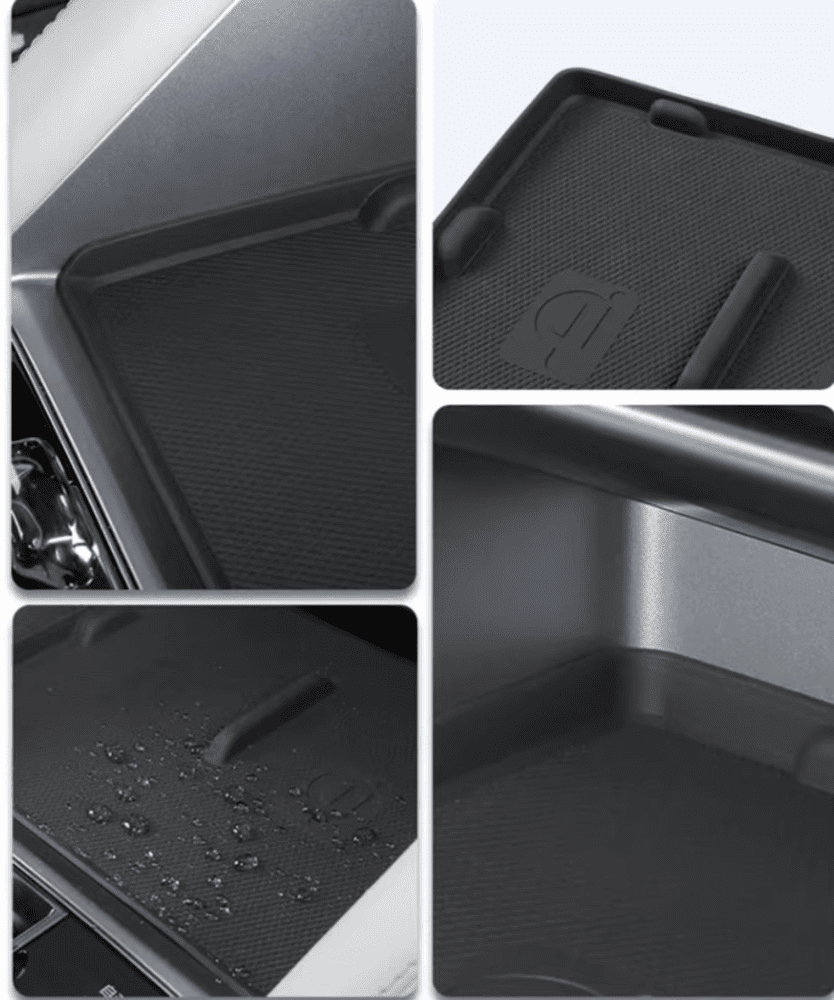 Feature collage of wireless charging silicone pad for BYD Sealion 6, showing waterproof surface, anti-slip texture, and precise edge fit
