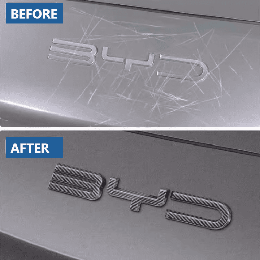 Side-by-side comparison showing BYD Sealion 6 bumper with visible scratches before installation and smooth look after applying carbon fiber emblem
