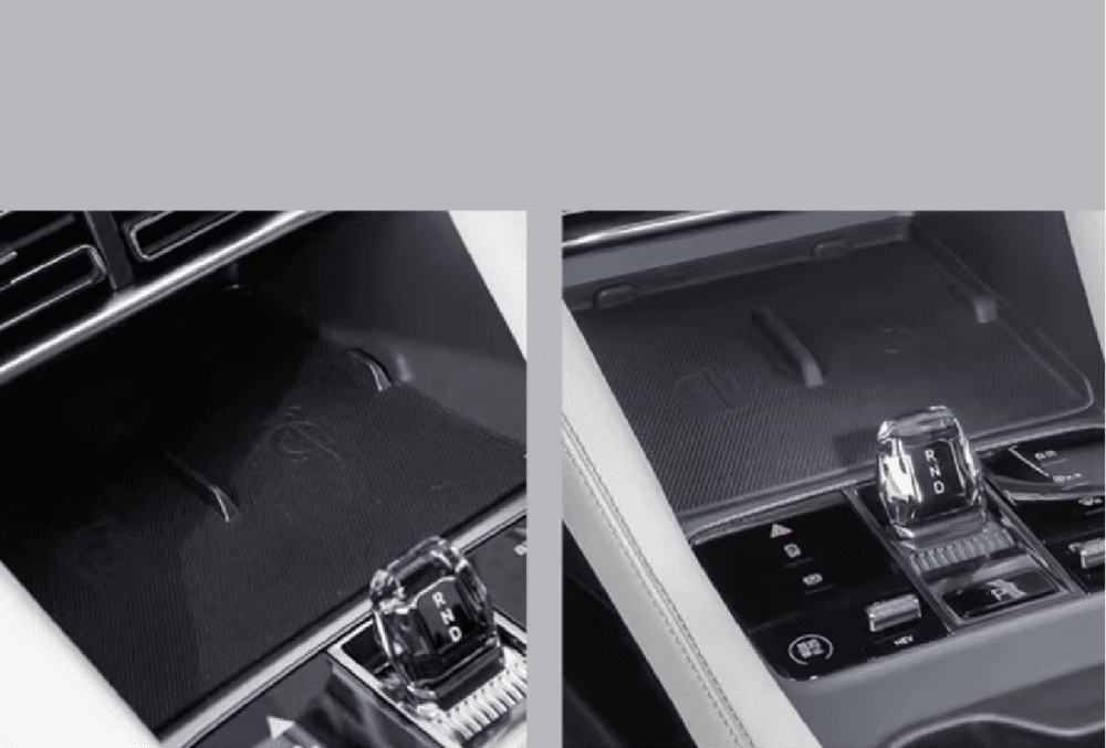 Side-by-side comparison showing BYD Sealion 6 wireless charging area before and after using silicone anti-slip charging pad