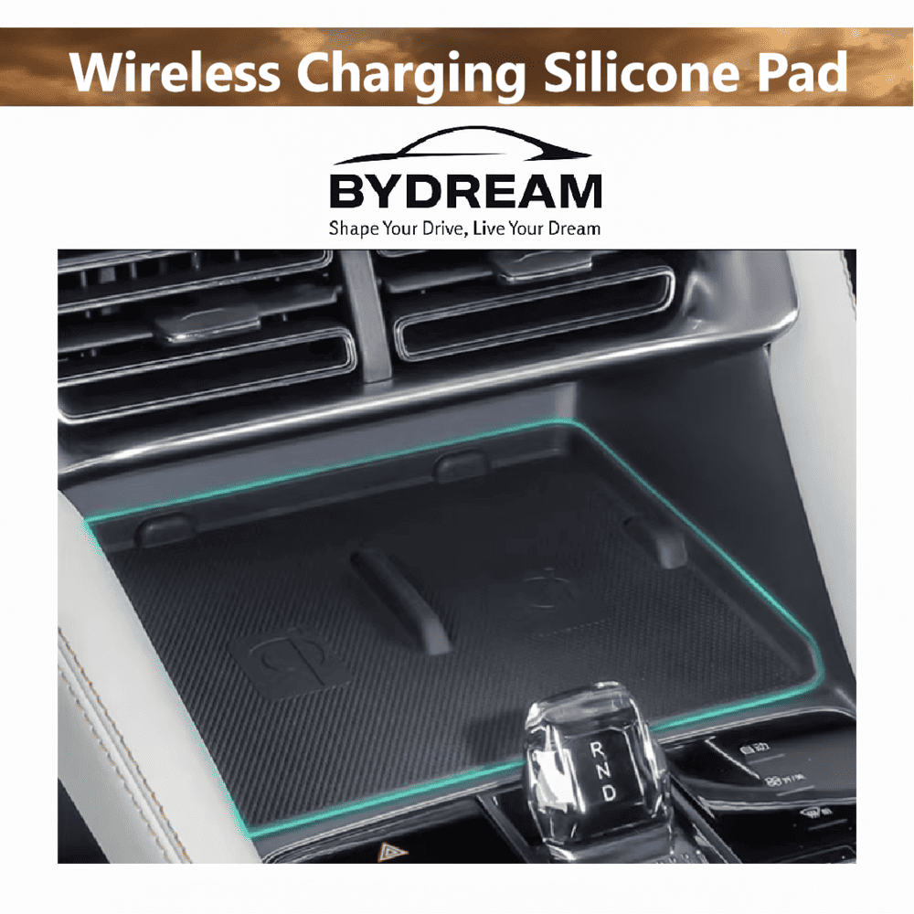 Custom-fit wireless charging silicone pad installed in BYD Sealion 6 center console, designed to prevent phone slipping and protect from dust
