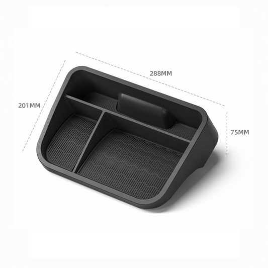 Dimensions of hidden storage box for BYD ATTO 3 behind touchscreen, showing measurements 288mm x 201mm x 75mm