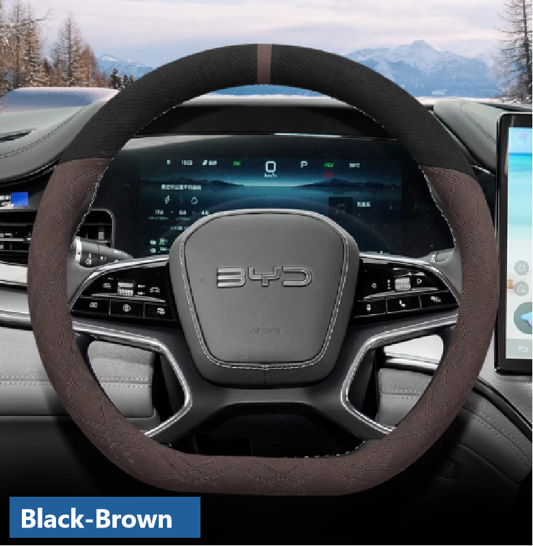 Black and brown suede steering wheel cover on BYD car – warm, non-slip winter accessory with ergonomic grip