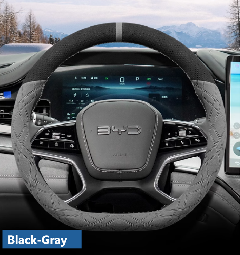 Black and gray suede steering wheel cover installed on BYD car – soft, warm, and anti-slip design for winter driving