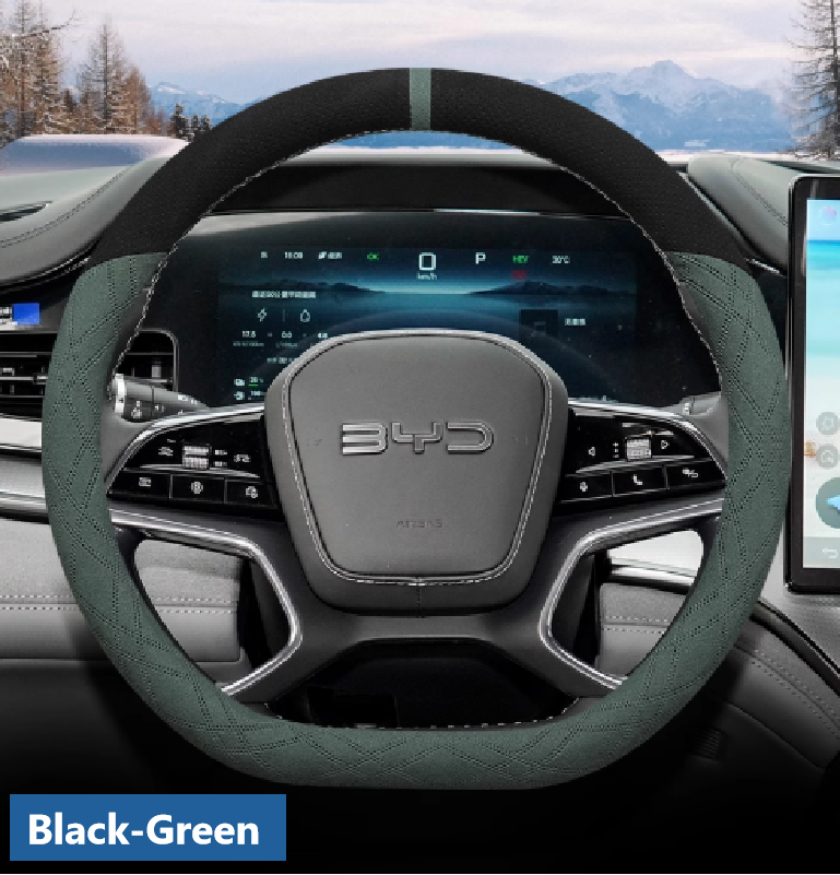 Black and green suede steering wheel cover for BYD cars – non-slip, winter warm, and stylish interior accessory