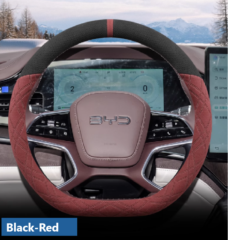 Black and red suede steering wheel cover for BYD cars – sporty, anti-slip, and comfortable driving grip