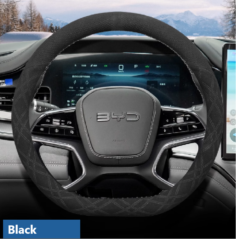 Black suede steering wheel cover for BYD cars – soft, anti-slip, and winter-friendly driving accessory