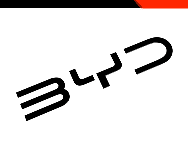 Slanted view of BYD emblem logo in stylized black font