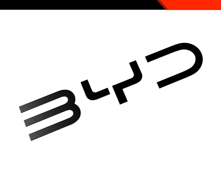 Slanted BYD logo in metallic black style on white background