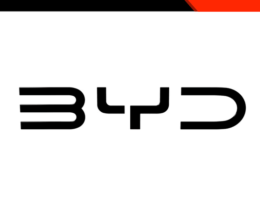 Close-up view of BYD tailgate chrome emblem design on white background