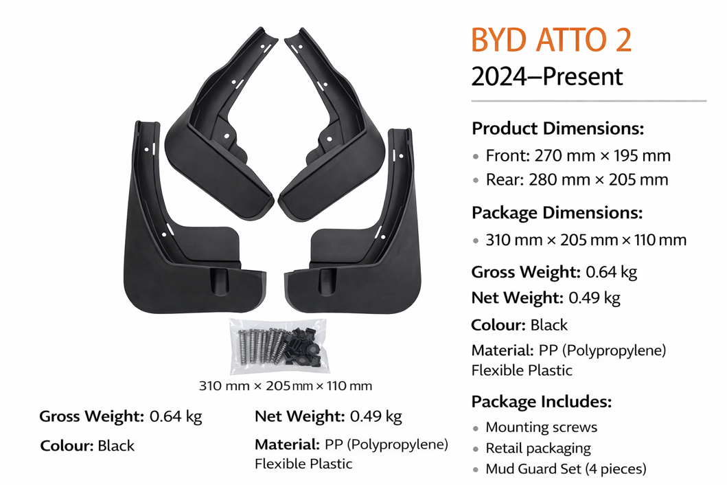 BYD ATTO 2 mud flaps set (4 pieces) for 2024–present with product dimensions, package size, weight, black PP flexible plastic material, and mounting screws included.