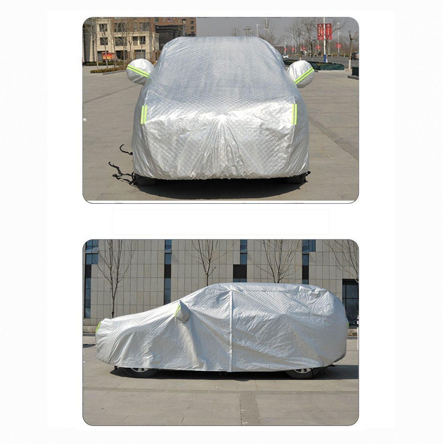 Two views of silver BYD ATTO 3 car cover with reflective green strips, shown from front and side angles outdoors.