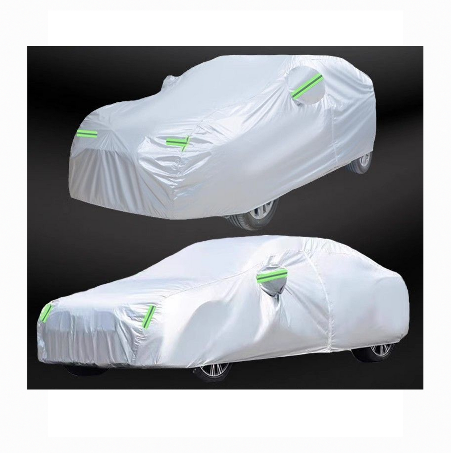 Two views of silver waterproof car cover for BYD ATTO 3, showing side and front angles with green reflective strips.