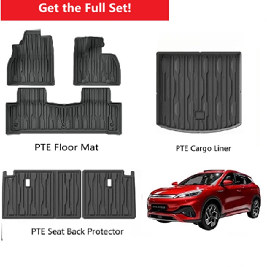 Full interior PTE mat set for BYD ATTO 3 – includes waterproof floor mats, cargo liner, and rear seat back protectors. Designed for all-weather use.