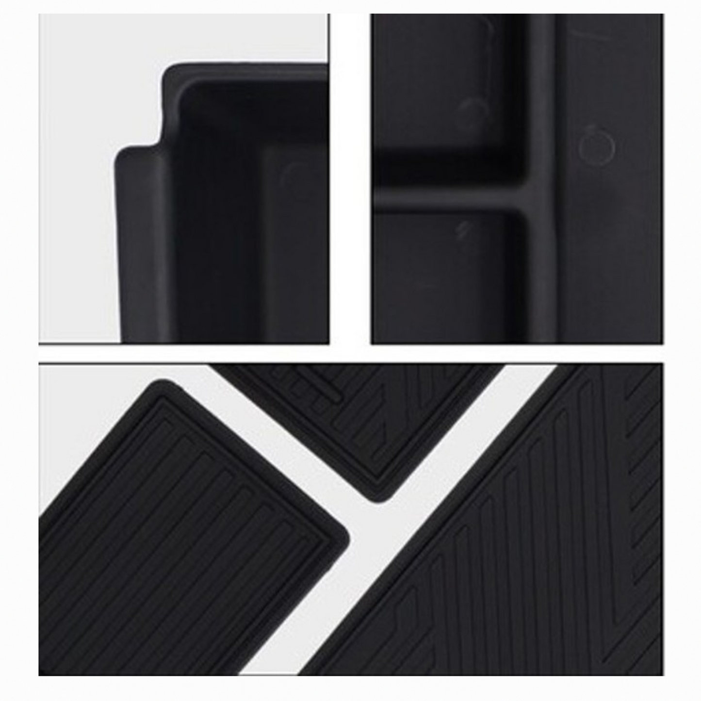 Close-up collage showing corner design, inner compartments, and textured rubber mats of BYD ATTO 3 center console organizer.
