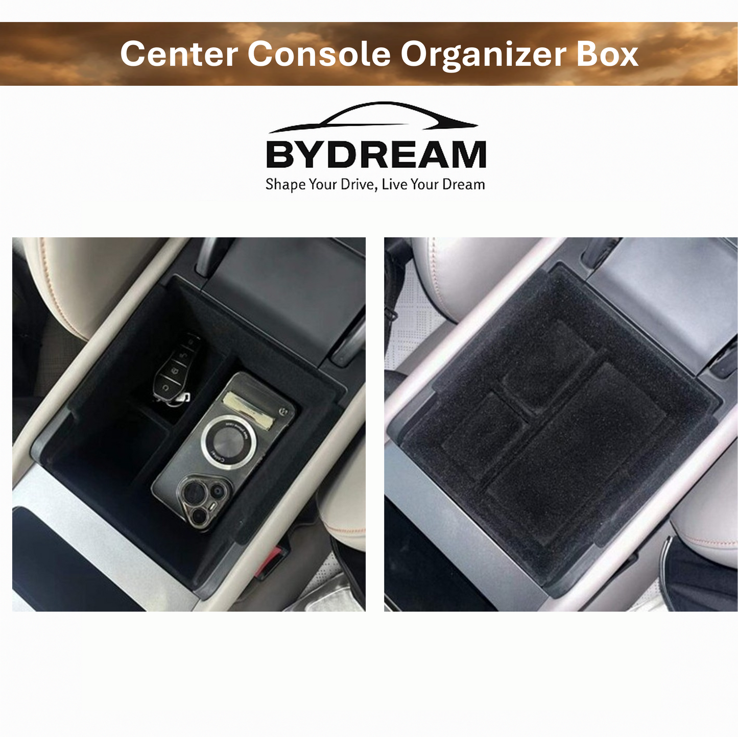 BYD ATTO 3 center console organizer installed in car, shown with car key and items inside, and an empty top view highlighting compartments.