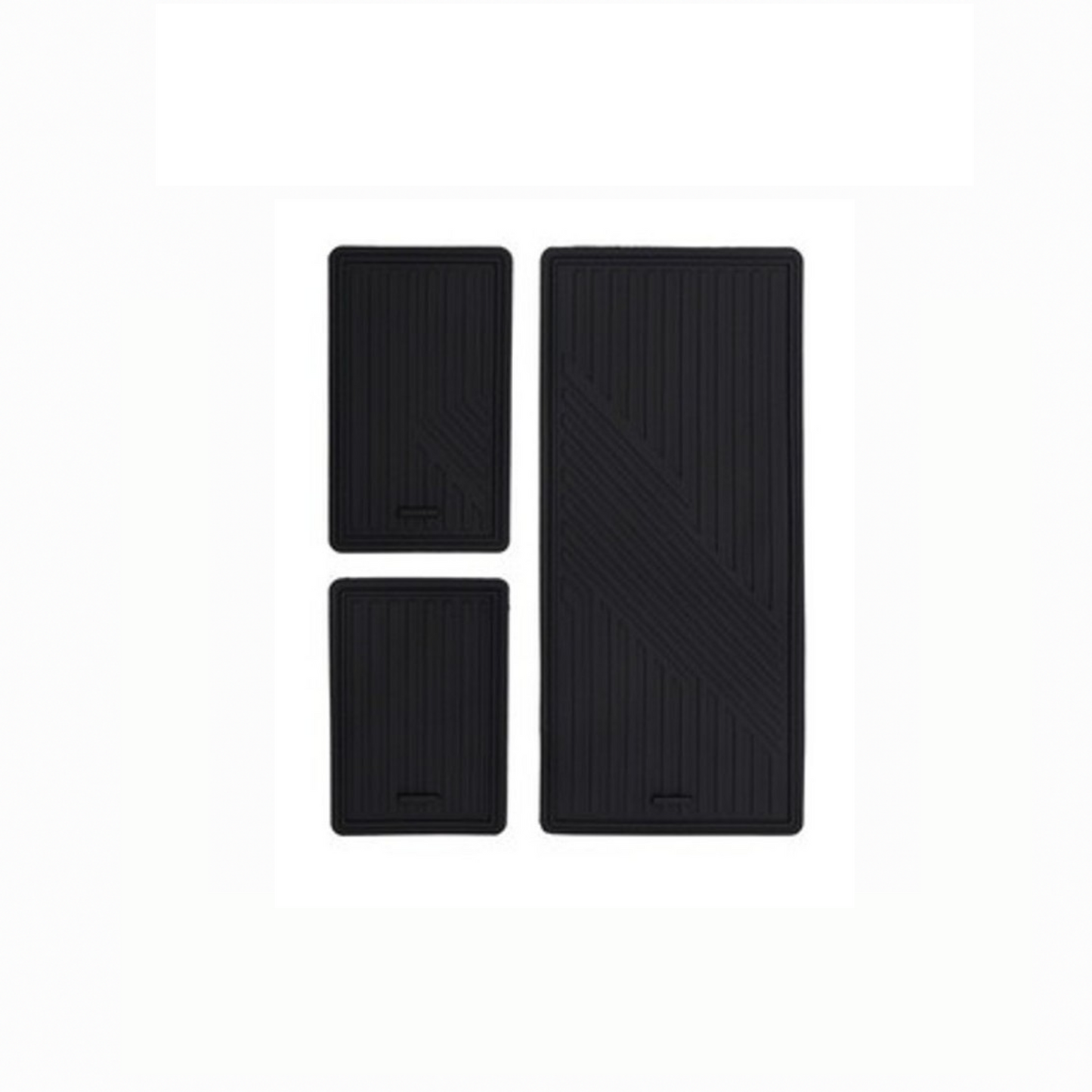 Three black non-slip rubber mats for BYD ATTO 3 center console organizer, displayed separately.