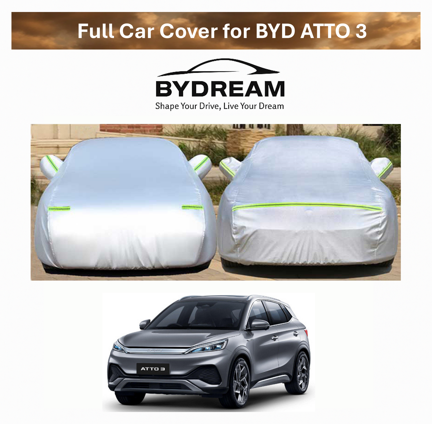 Full car cover for BYD ATTO 3 shown in silver with thick waterproof oxford fabric, protecting vehicle from rain, sun, and dust.