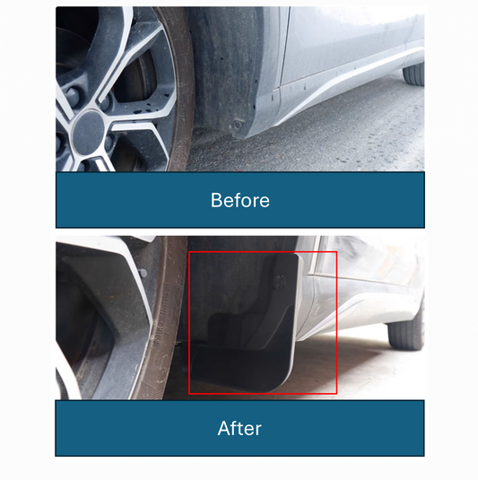 Before and after comparison of BYD ATTO 3 showing vehicle without mudguards and with installed mud flaps for better protection.