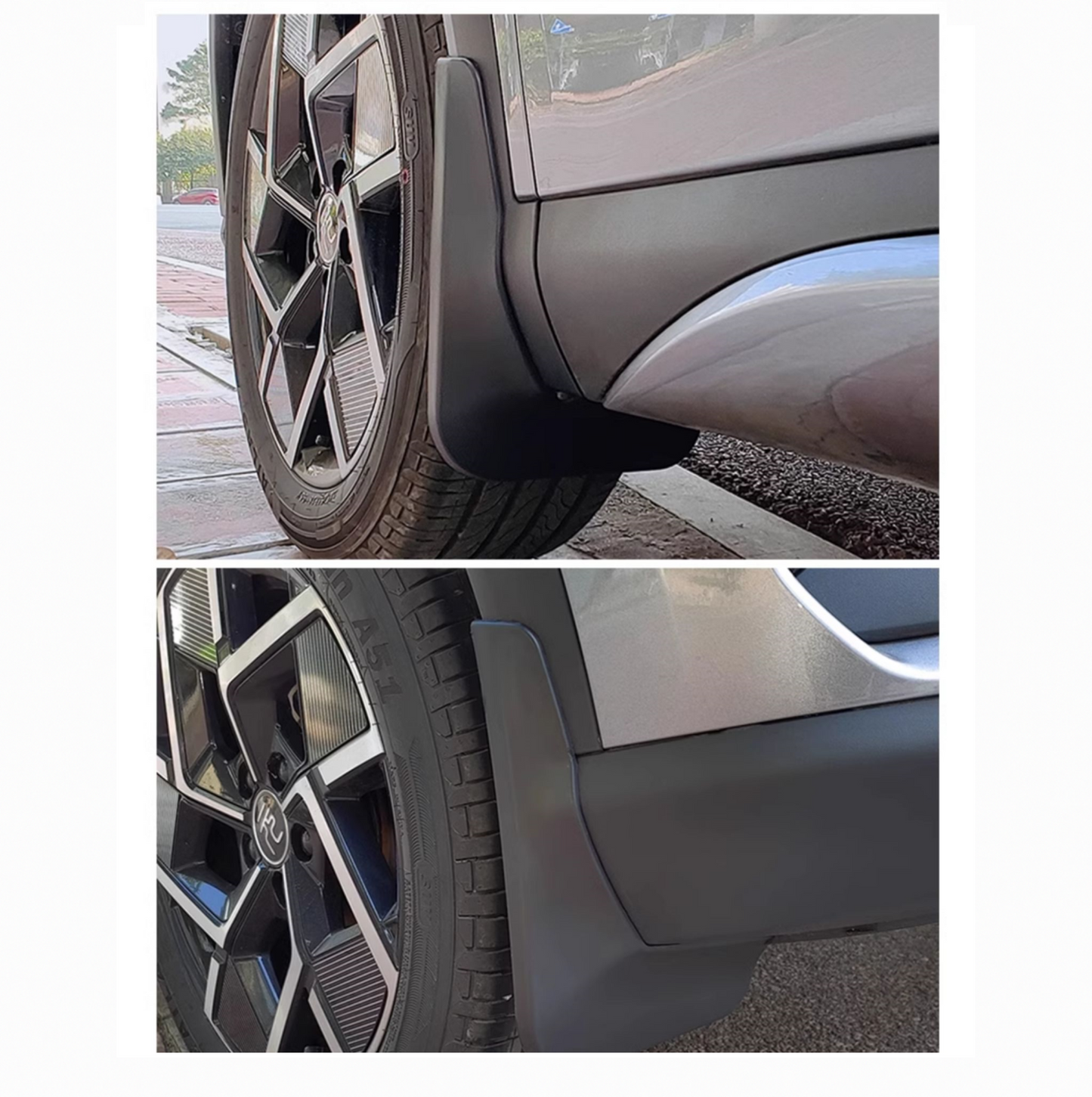Two close-up images showing BYD ATTO 3 mudguards installed behind the wheels, highlighting fit and seamless integration with the vehicle body.