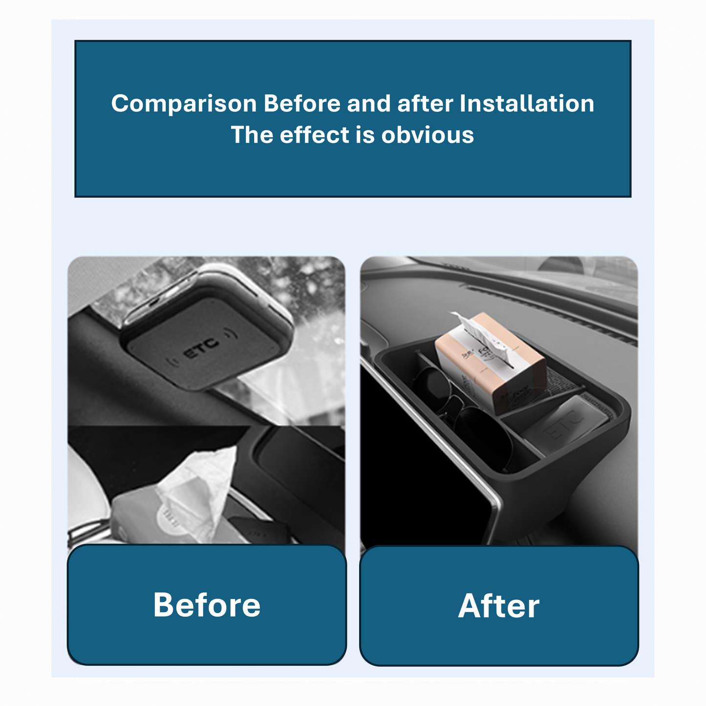Before and after comparison of BYD ATTO 3 hidden storage box installation, showing improved organisation and cleaner dashboard
