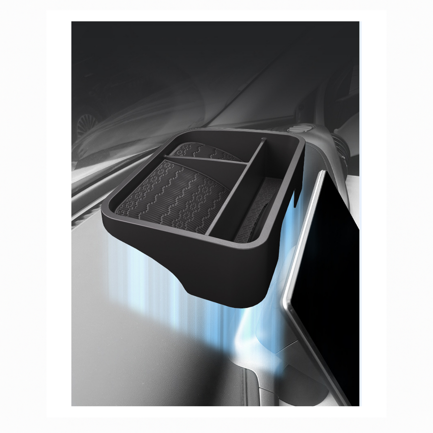 BYD ATTO 3 hidden storage box installed behind touchscreen, showing fitment without blocking air vents