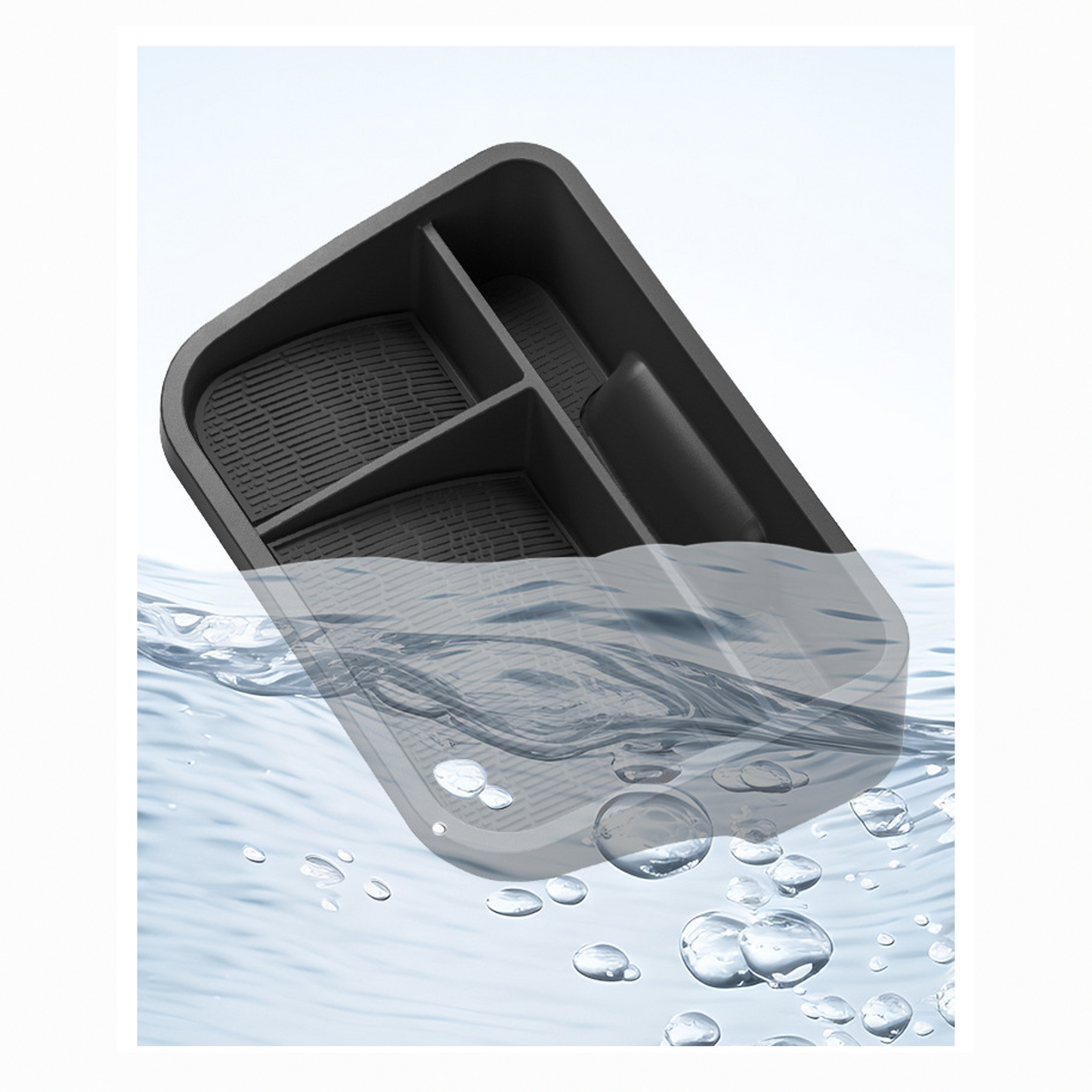 BYD ATTO 3 hidden storage box submerged in water, showcasing waterproof and easy-to-clean design