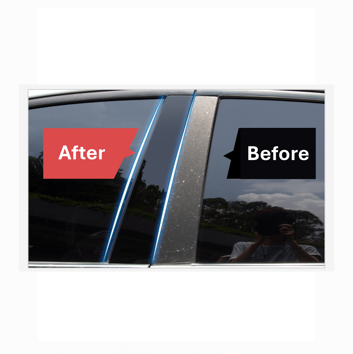 Before-and-after comparison of BYD B-pillar trim, showing dull original pillar versus shiny mirror finish chrome trim installed.