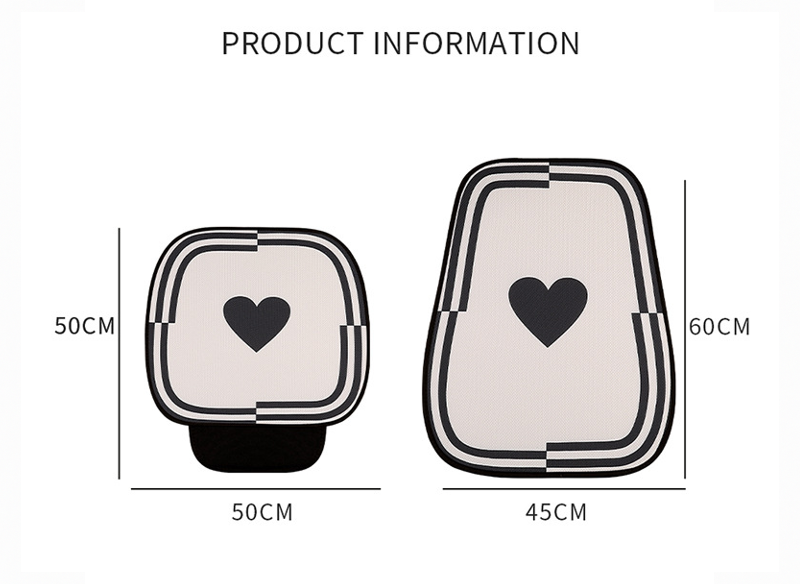 Product size information showing two BYD car seat cushions with heart pattern, measuring 50cm x 50cm and 45cm x 60cm.